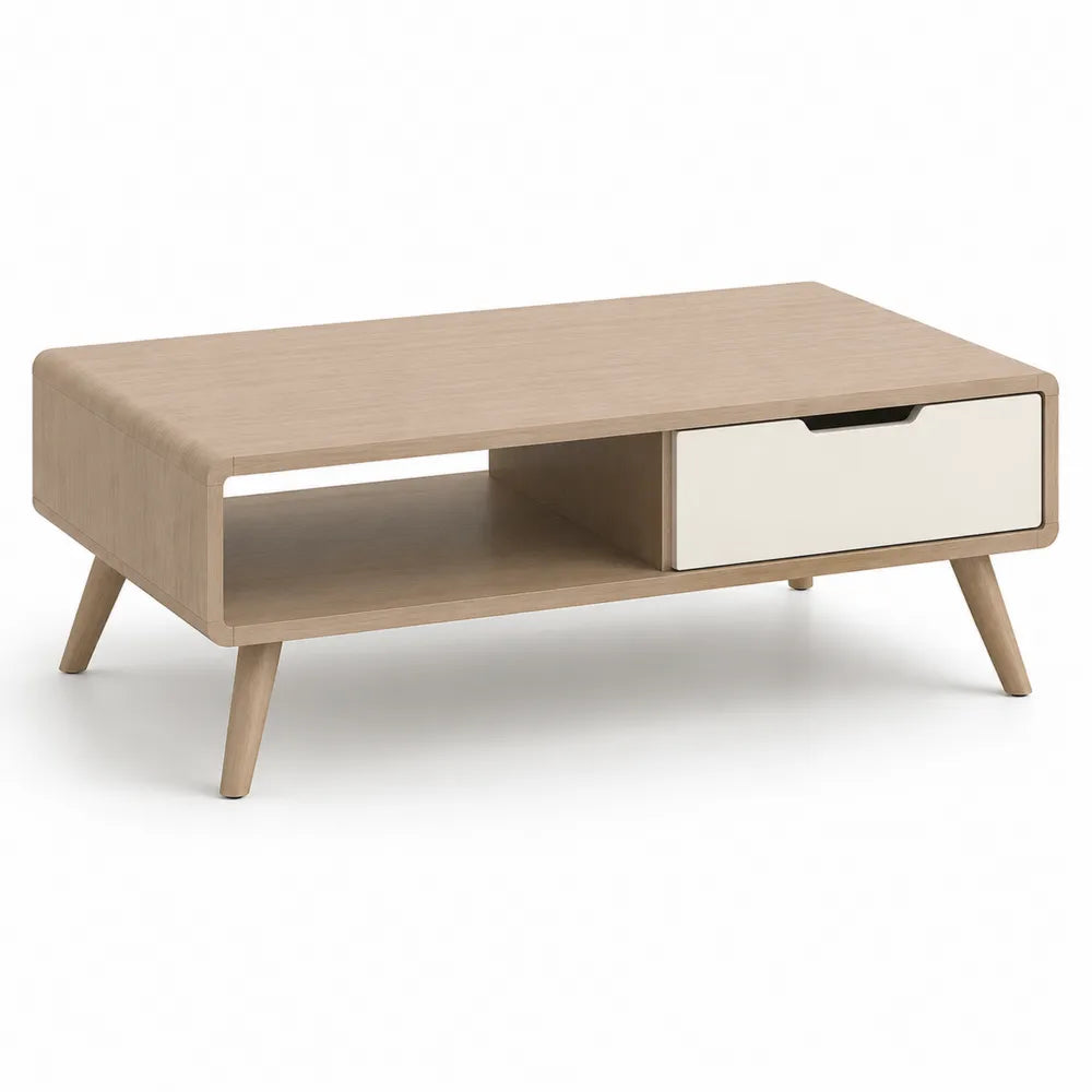 Couchtisch 110 x 55 x 40 cm Holzwerkstoff mit Schublade und offenem Fach rechteckig Eichefarben Weiß Naturholz