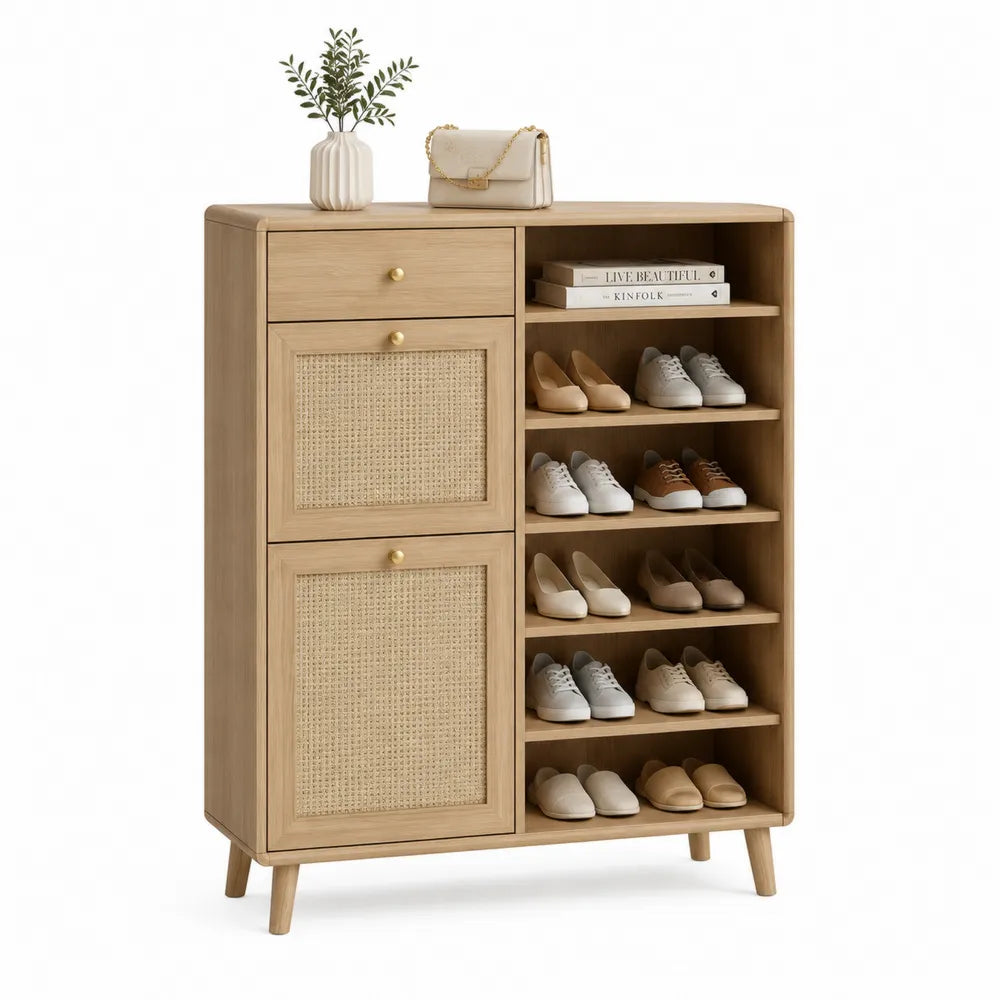 Schuhschrank 100 x 35 x 120 cm Holzwerkstoff mit Rattantüren und offenen Fächern rechteckig Naturholz Goldgriffe