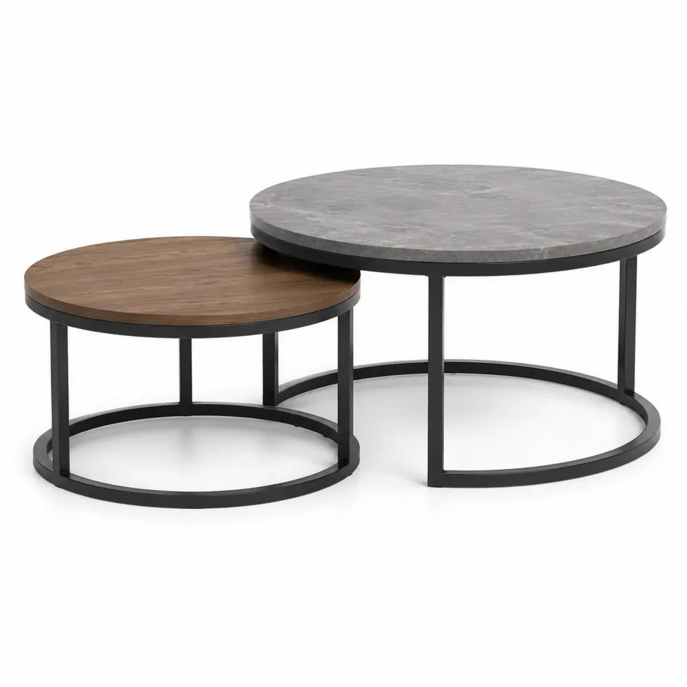 Couchtisch Set 2-teilig rund Nesting Tische Holzoptik Steinoptik Metallgestell Schwarz Grau 80 cm 60 cm x 45 cm 40 cm