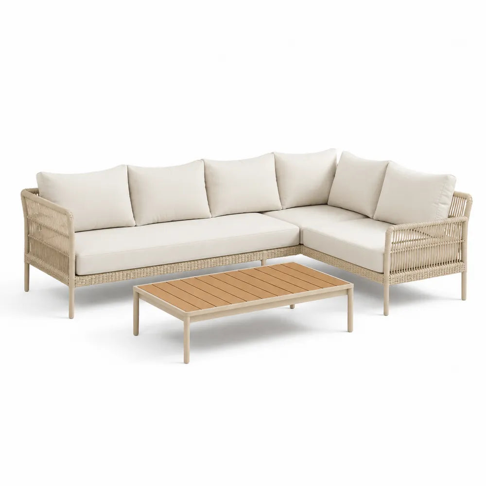 Garten Lounge Set 2-teilig Ecksofa mit Couchtisch L-Form 220 x 150 x 70 cm Aluminium PE Rattan Polyester Naturfarben Beige