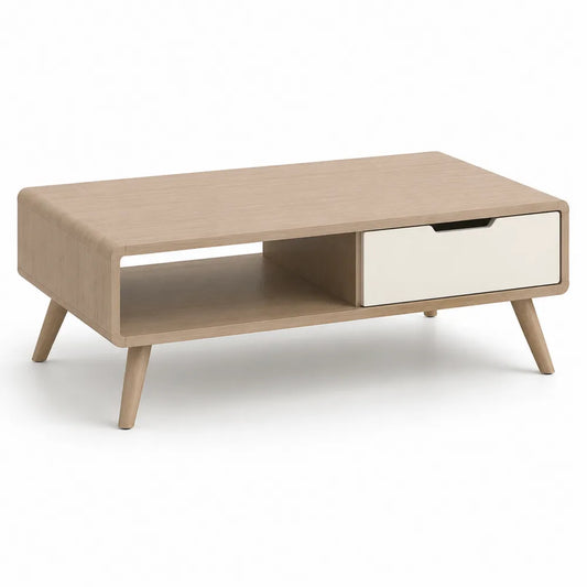 Couchtisch 110 x 55 x 40 cm Holzwerkstoff mit Schublade und offenem Fach rechteckig Eichefarben Weiß Naturholz