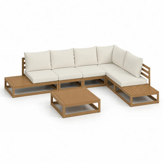 Gartensofa Set L Form 240 x 180 x 70 cm Holzrahmen mit Couchtisch und Beistelltischen Beige Naturholz