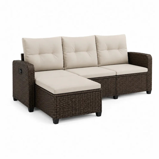 Polyrattan Gartensofa L Form 3 Sitzer mit Chaise links Braun Beige 195 x 140 x 75 cm Metallgestell
