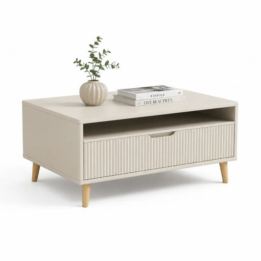 Couchtisch mit Schublade und offenem Fach 100 cm x 60 cm x 45 cm Holzwerkstoff MDF Beige Naturholz rechteckig geriffelte Front