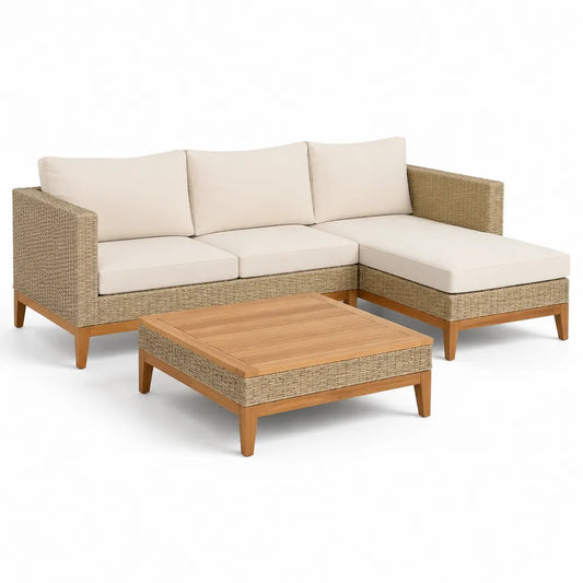 Polyrattan Garten Lounge Set L-Form Sofa rechte Liegefläche Couchtisch Holzplatte Beige Natur 210 cm x 150 cm x 70 cm