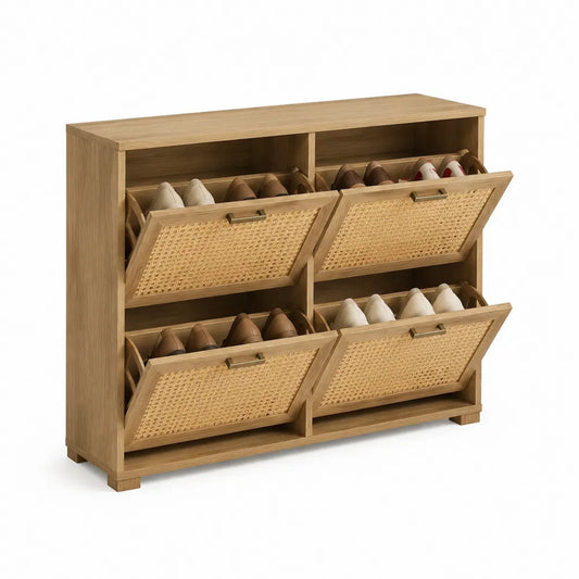 Schuhschrank Schuhkipper mit 4 Klappfächern 100 cm x 24 cm x 80 cm Rattanoptik Holzwerkstoff Eiche Natur Beige rechteckig