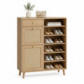 Schuhschrank 100 x 35 x 120 cm Holzwerkstoff mit Rattantüren und offenen Fächern rechteckig Naturholz Goldgriffe