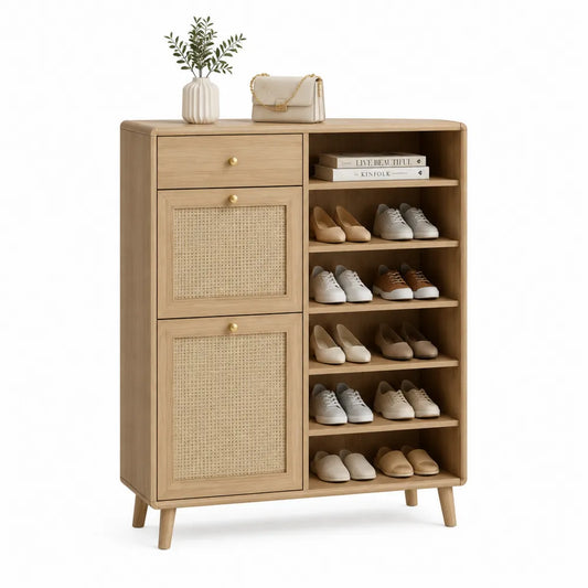 Schuhschrank 100 x 35 x 120 cm Holzwerkstoff mit Rattantüren und offenen Fächern rechteckig Naturholz Goldgriffe