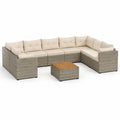 U-förmiges Polyrattan Garten Lounge Set Ecksofa 6-teilig mit Couchtisch Holzlamellen Grau Beige 300 cm x 220 cm x 72 cm