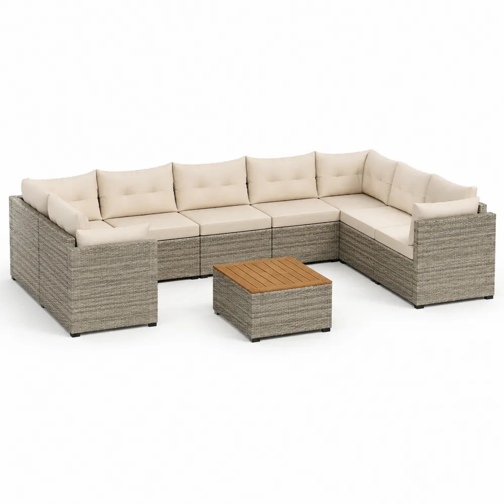 U-förmiges Polyrattan Garten Lounge Set Ecksofa 6-teilig mit Couchtisch Holzlamellen Grau Beige 300 cm x 220 cm x 72 cm