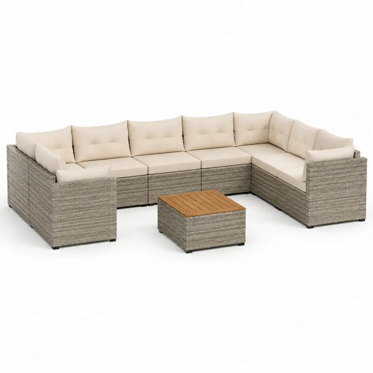 U-förmiges Polyrattan Garten Lounge Set Ecksofa 6-teilig mit Couchtisch Holzlamellen Grau Beige 300 cm x 220 cm x 72 cm