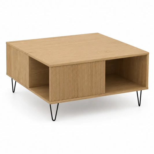 Couchtisch mit offenen Fächern Rillenfront 100 cm x 60 cm x 45 cm Holzwerkstoff Eiche Schwarz Metallbeine rechteckig