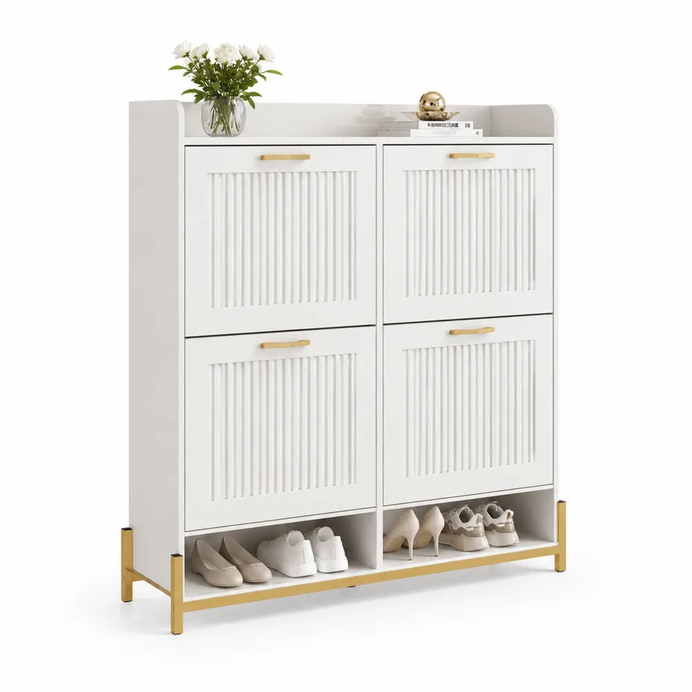 Schuhschrank mit 4 Klappen 100 x 24 x 120 cm Holzwerkstoff MDF Weiß Gold Metallrahmen offene Schuhablage