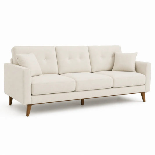 Sofa 3 Sitzer 210 cm x 85 cm x 86 cm Polyester Leinen Mischgewebe Kautschukholz rechteckig Cremebeige Naturholzfarben