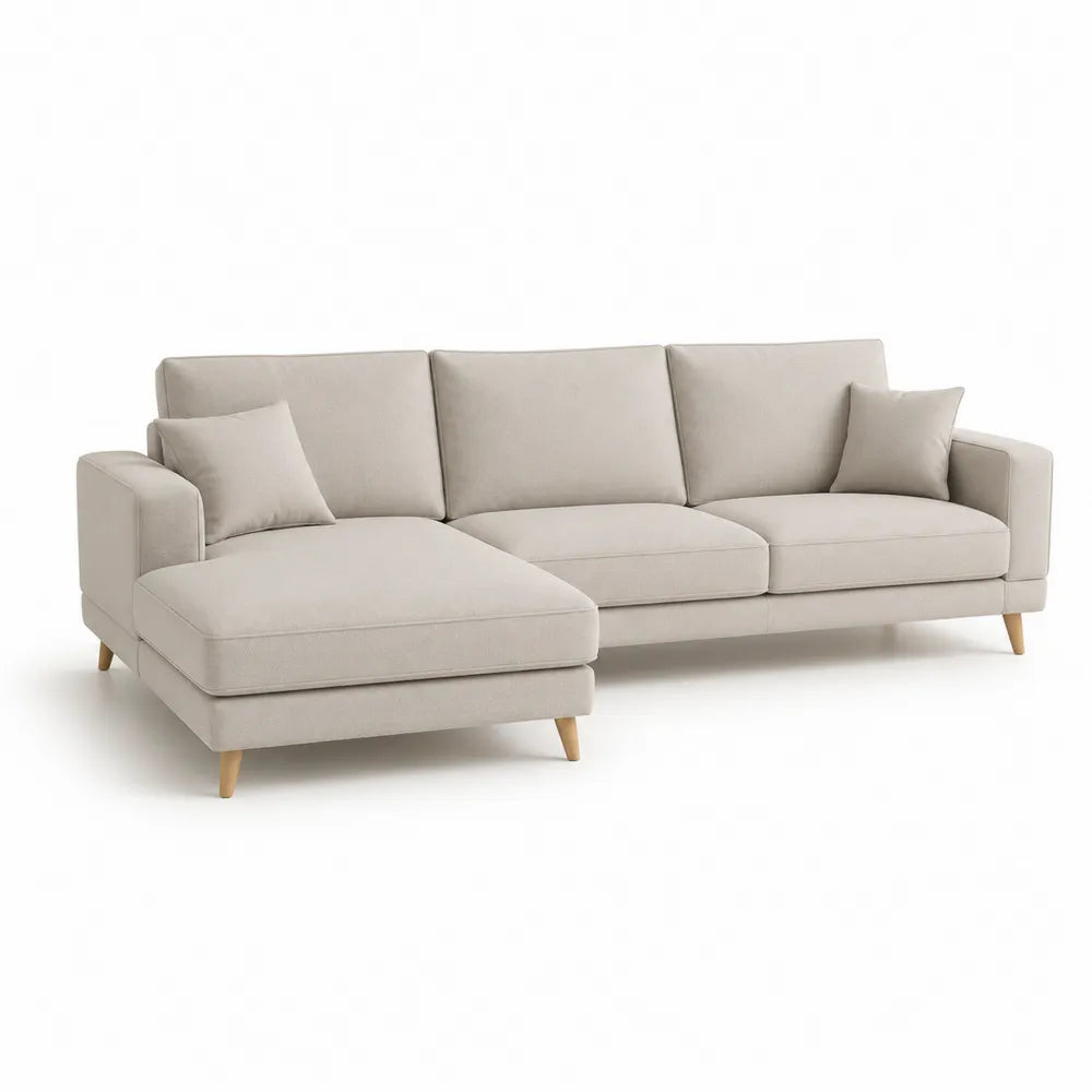 Ecksofa 3-Sitzer mit Chaiselongue links 260 cm L-Form Polyesterbezug Holzrahmen Holzfüße Beige rechteckig