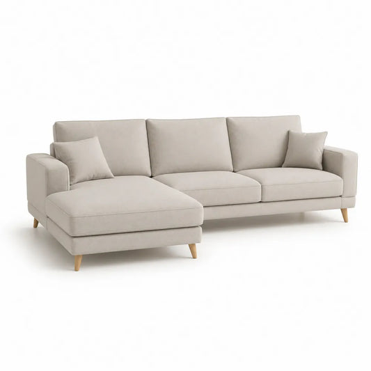 Ecksofa 3-Sitzer mit Chaiselongue links 260 cm L-Form Polyesterbezug Holzrahmen Holzfüße Beige rechteckig
