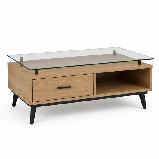 Couchtisch mit Glasplatte 110 x 60 x 45 cm Holzwerkstoff mit Schublade und offenem Fach rechteckig Eichefarben Schwarz