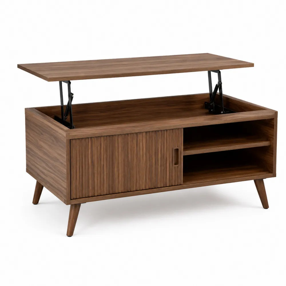 Couchtisch mit Lift-Top Funktion 100 cm x 55 cm x 45 cm Holzwerkstoff Nussbaumoptik rechteckig mit Schiebetür und offenen Fächern