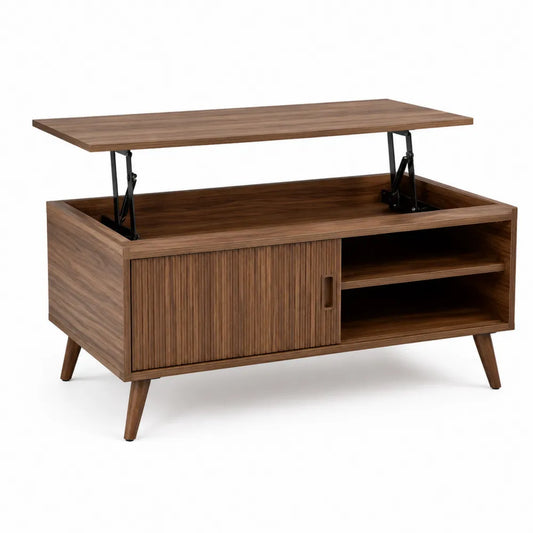 Couchtisch mit Lift-Top Funktion 100 cm x 55 cm x 45 cm Holzwerkstoff Nussbaumoptik rechteckig mit Schiebetür und offenen Fächern