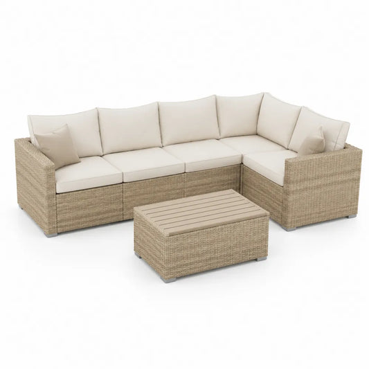 L-Form Polyrattan Garten Sofa Set mit Couchtisch Holzlamellen Beige Natur 240 cm x 180 cm x 70 cm