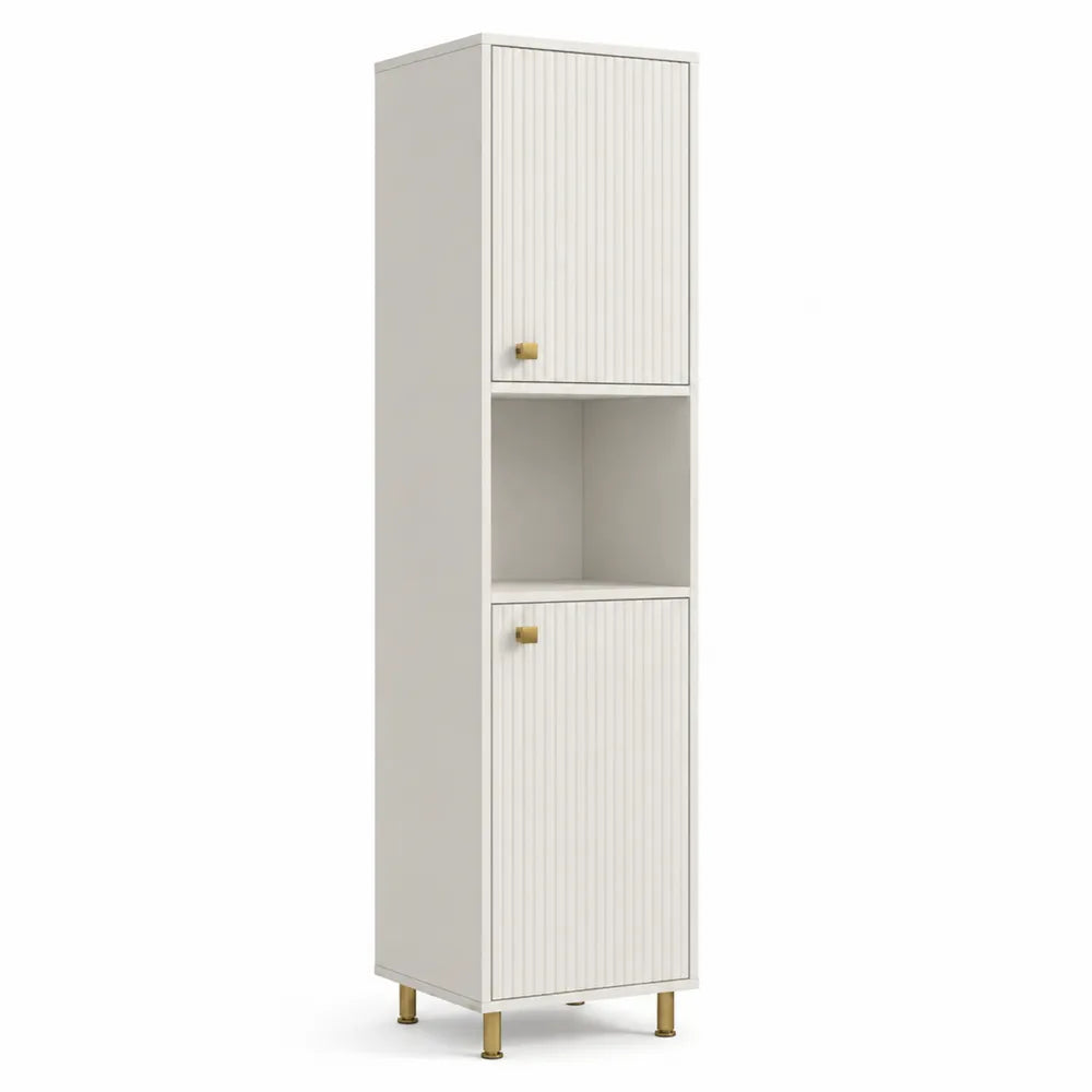 Badezimmer Hochschrank 170 x 40 x 32 cm Holzwerkstoff Rillenfront mit offenem Fach 2 Türen Weiß Gold Metallfüße
