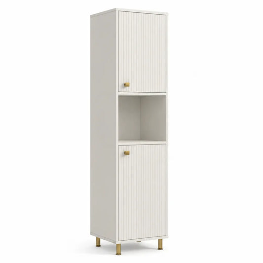 Badezimmer Hochschrank 170 x 40 x 32 cm Holzwerkstoff Rillenfront mit offenem Fach 2 Türen Weiß Gold Metallfüße