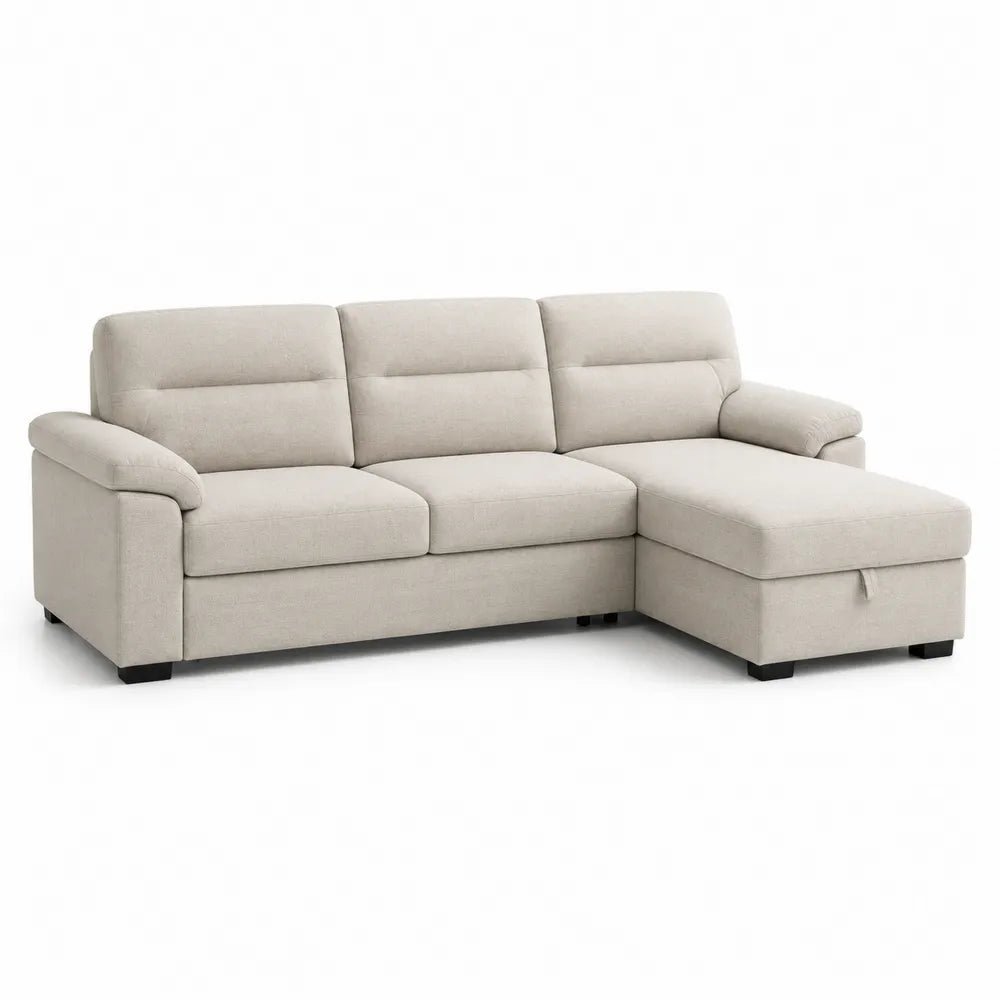 Ecksofa L-Form mit Recamiere rechts 220 x 150 x 85 cm Stoff Holzbeine rechteckig Cremebeige Naturfarben