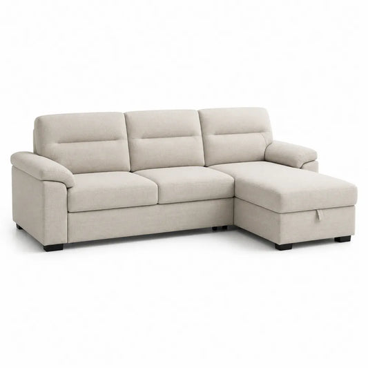 Ecksofa L-Form mit Recamiere rechts 220 x 150 x 85 cm Stoff Holzbeine rechteckig Cremebeige Naturfarben