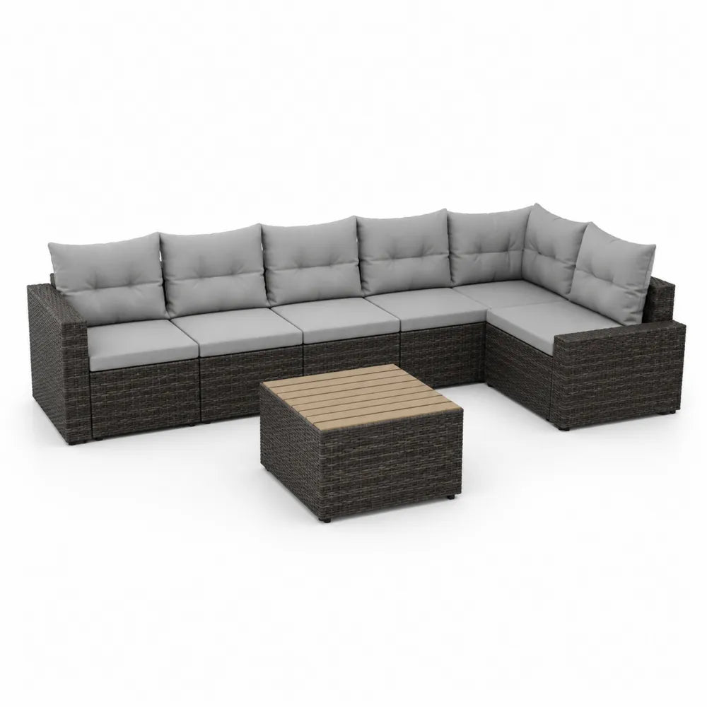 Gartensofa Set L-Form 250 x 200 x 75 cm Polyrattan Aluminium Couchtisch 60 x 60 cm Grau Naturholz Dunkelgrau