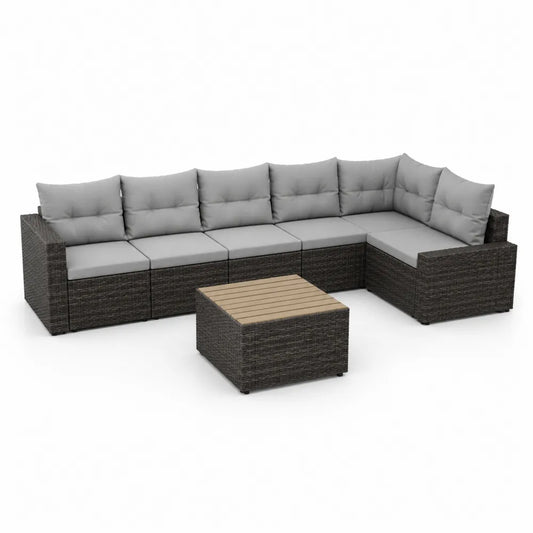 Gartensofa Set L-Form 250 x 200 x 75 cm Polyrattan Aluminium Couchtisch 60 x 60 cm Grau Naturholz Dunkelgrau