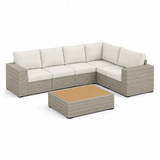 Gartenlounge Set Polyrattan Ecksofa L Form Aluminiumgestell Holz Tisch Beige Grau 230 cm 150 cm 75 cm