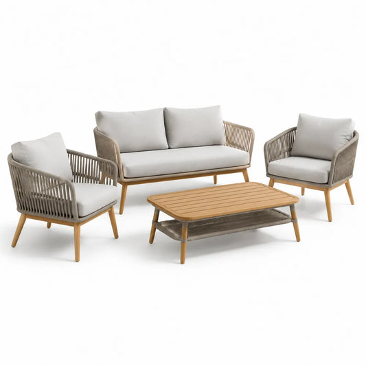 Gartensofa Lounge Set 4-teilig 2-Sitzer Sofa 2 Sessel Couchtisch Holz Seil Geflecht Beige Naturholz 220 x 160 x 75 cm